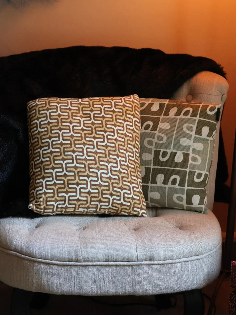 Mid Century Modern Geometric Throw Pillows Set of 2 Olive Green Brown Atomic MCM